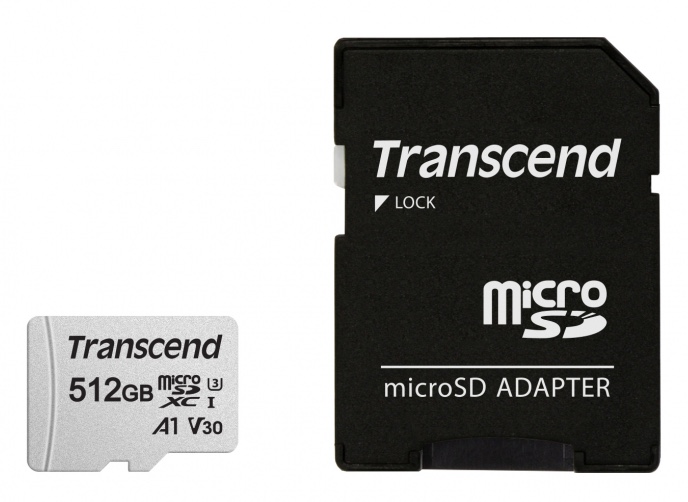 Карта памяти MicroSDXC Transcend 512Гб, 300S UHS-I U3 V30 A1 +SD адаптер